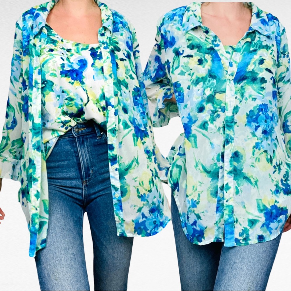VINTAGE | 1990’s Turquoise Blues Romantic Abstract Florals Flowy Button Down Top